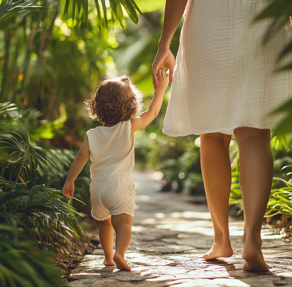 Holding hands through garden.