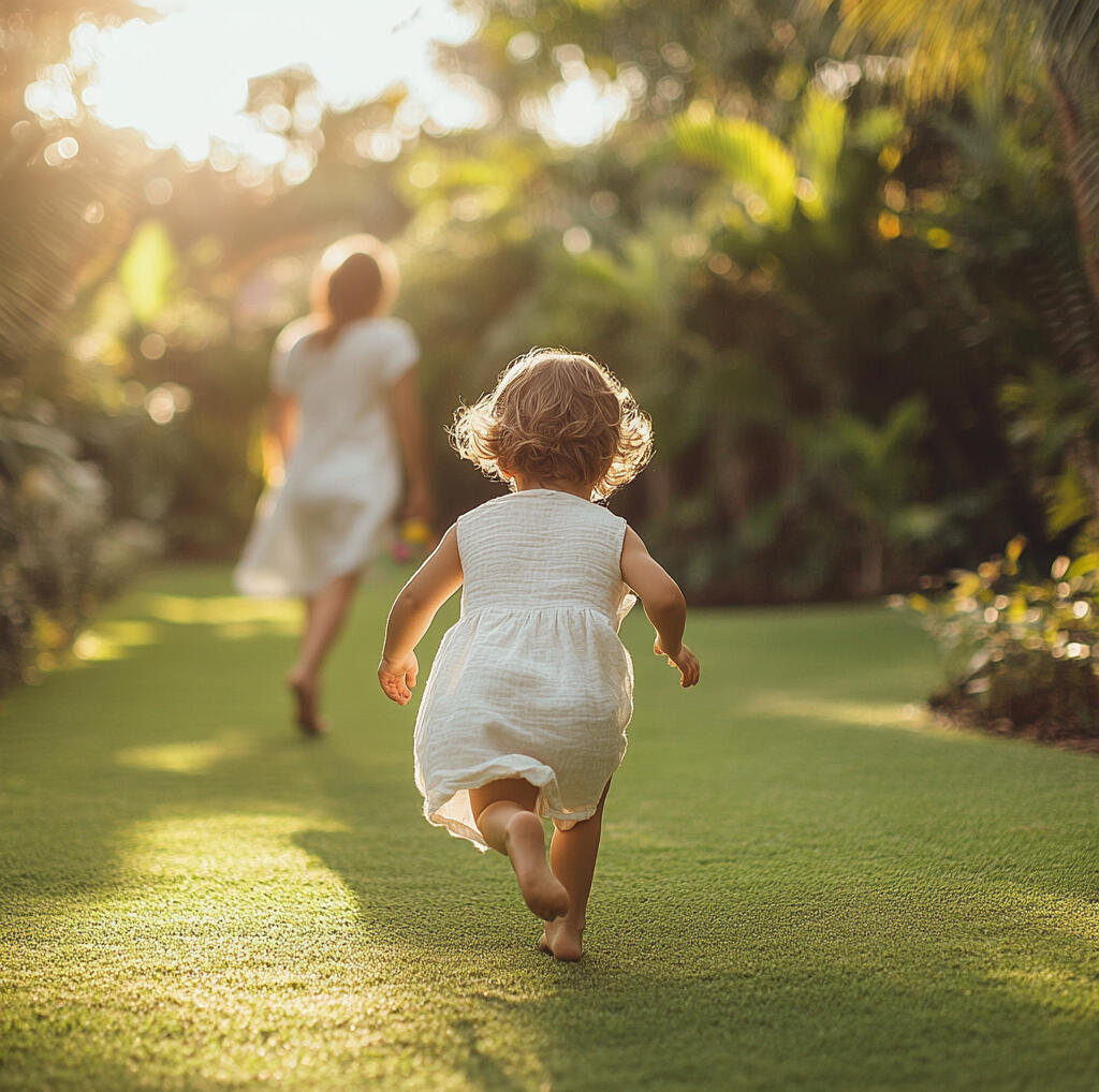 Running through tropical garden